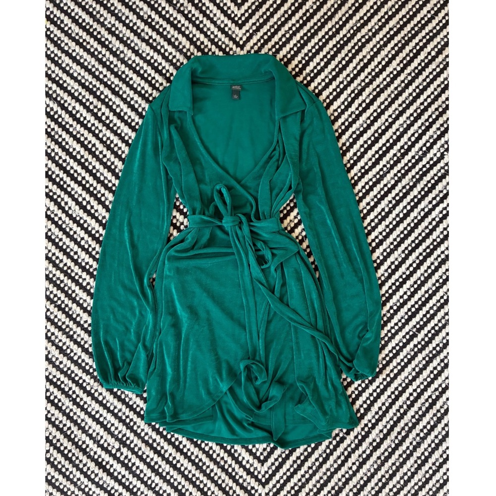 Wild Fable Emerald Green Long Sleeve Wrap party Mini Dress Notched Collar Size S